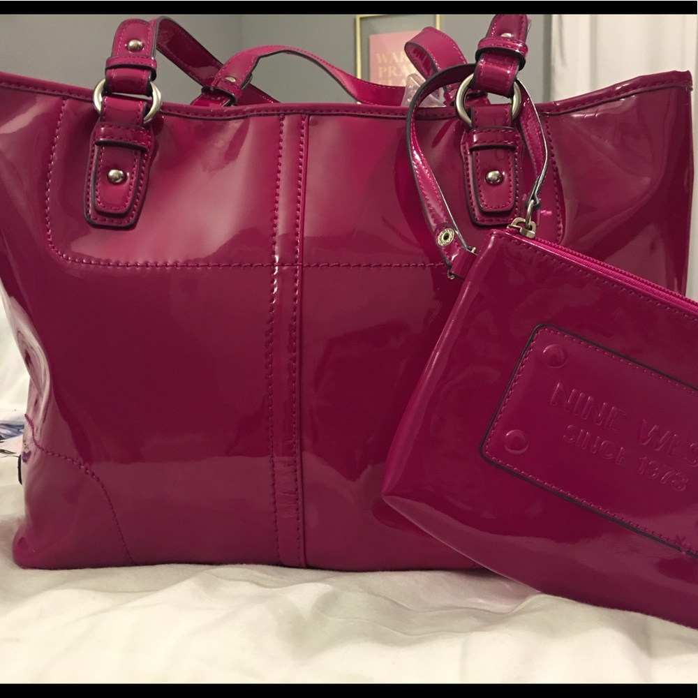 Nine West HOT pink purse w/ colorful leopard trim